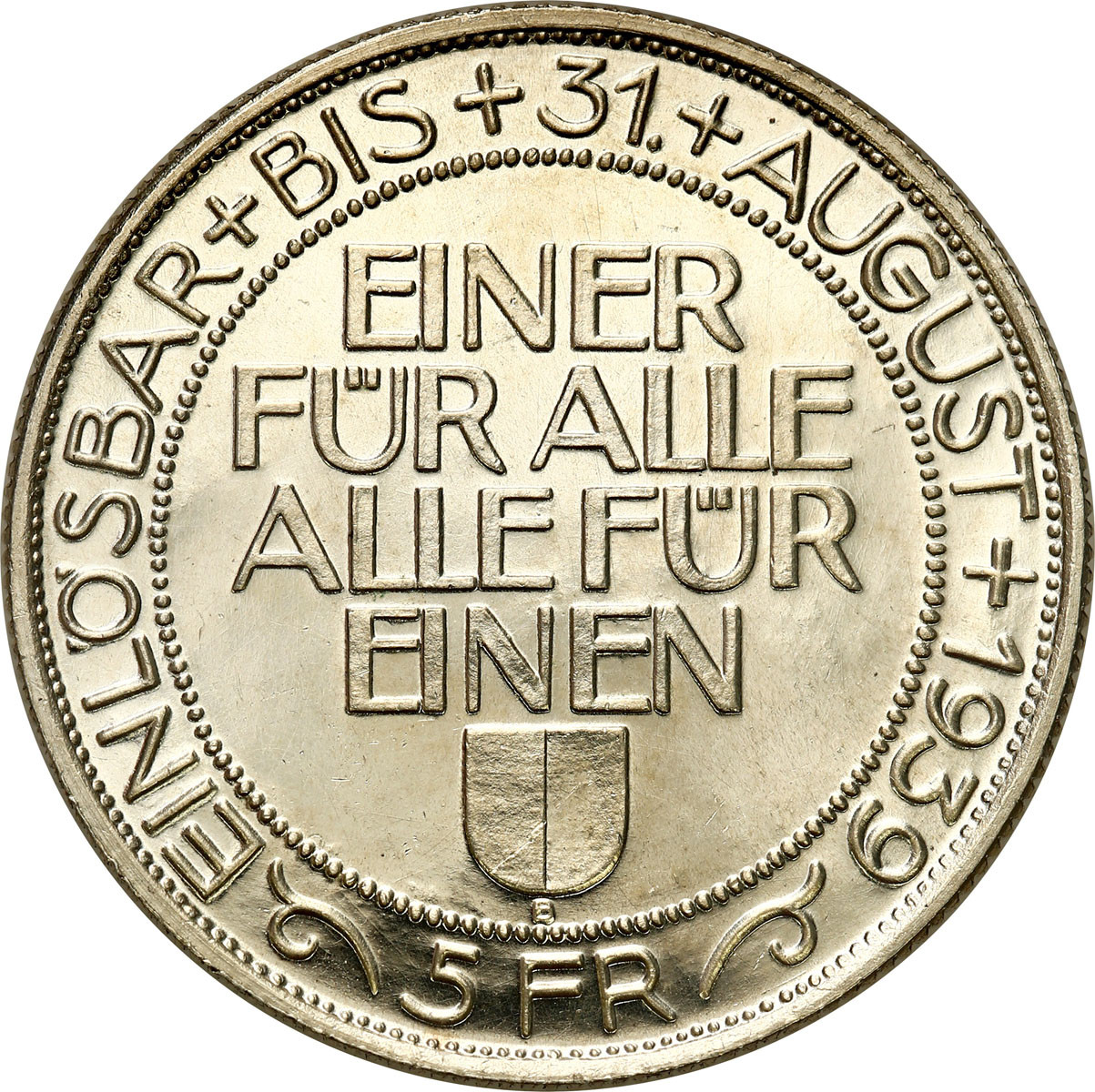 Szwajcaria. 5 Franków 1939, Luzern  - nakład 40.000 sztuk